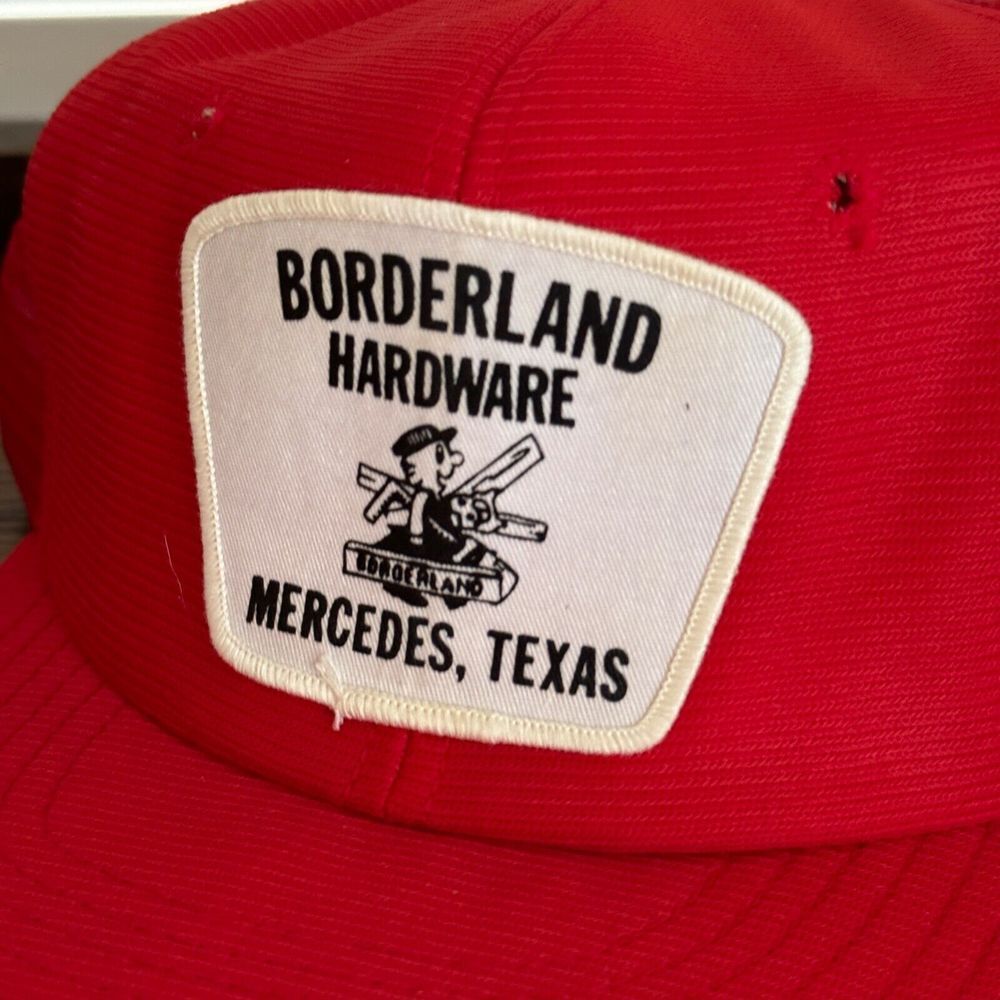Vintage Borderland Hardware Trucker Mesh Hat Cap Red‎ White Patch Adjustable USA
